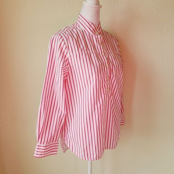 J Crew Popover Shirt Size 00 Pink Striped Button Front Preppy Office Career - Picture 2 of 8